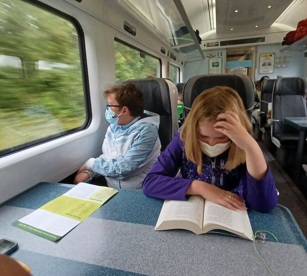 Children sitting on a train. One looks at a book on a table, one looks out the window.